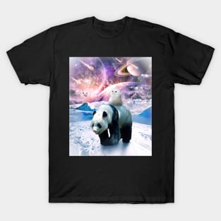 Cute Kitten Cat Riding Panda In Galaxy Space T-Shirt